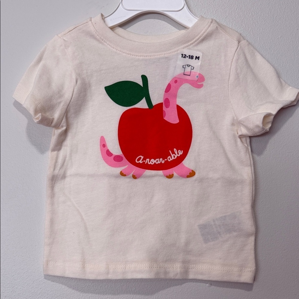 Cream Kids T-Shirt with Red Apple Design